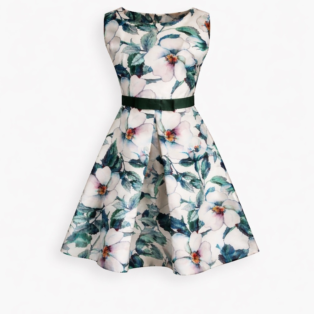 NWOT London Dress Company Fit-n-Flare A Line Magnolia Print Bow Belt Dress Sz 2